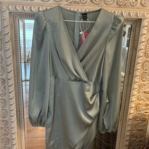 SHEIN Sage Green Satin Wrap Long Sleeve Dress